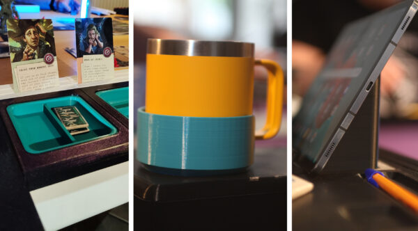 the gameframe has card holders and supports accessories such as token trays, cup holders and tablet stands