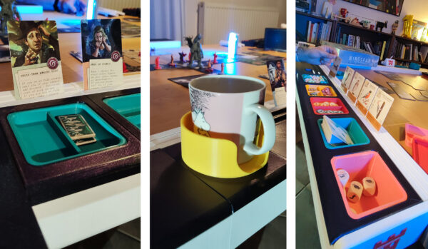 the gameframe has card holders and supports accessories such as token trays, cup holders and tablet stands